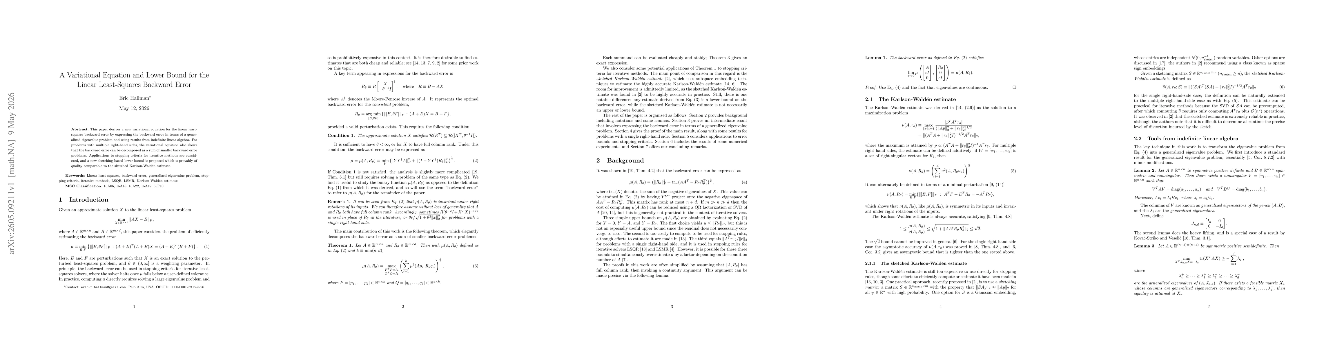 Thumbnail for A Variational Equation and Lower Bound for the Linear Least-Squares Backward Error