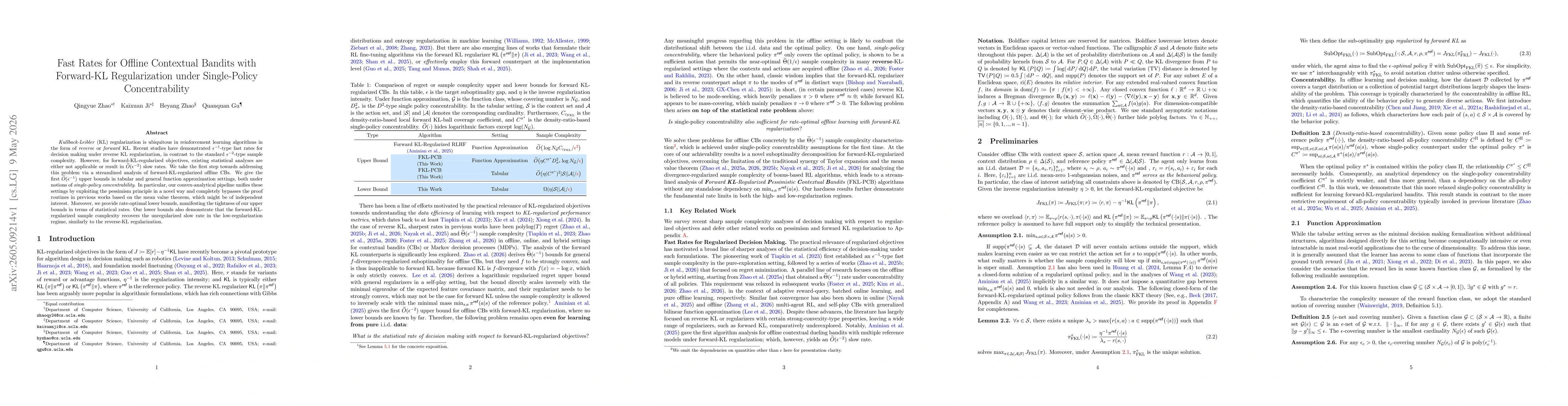 Thumbnail for Fast Rates for Offline Contextual Bandits with Forward-KL Regularization under Single-Policy Concentrability