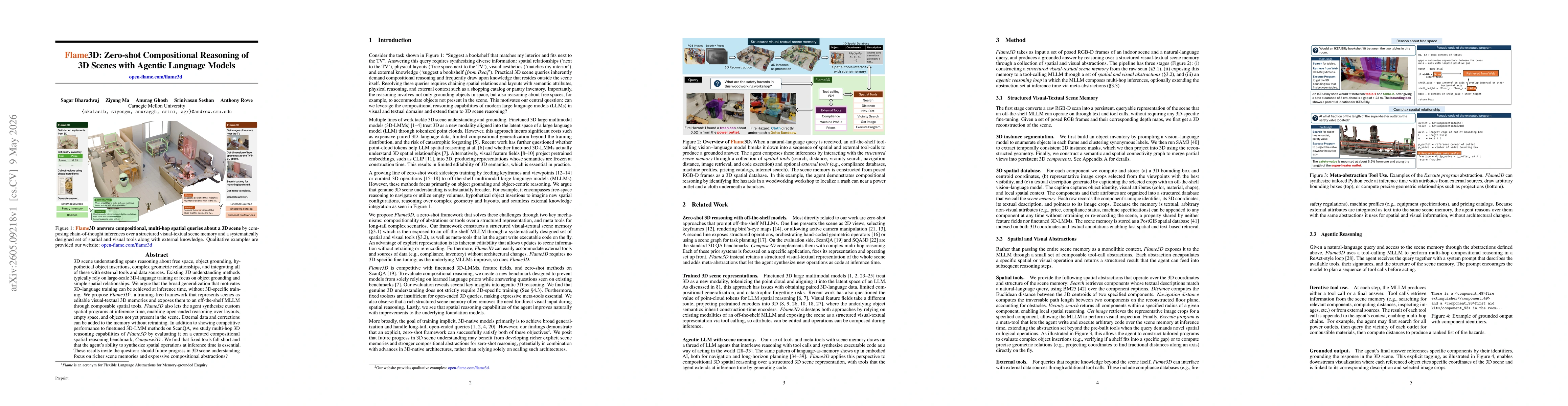 Thumbnail for Flame3D: Zero-shot Compositional Reasoning of 3D Scenes with Agentic Language Models