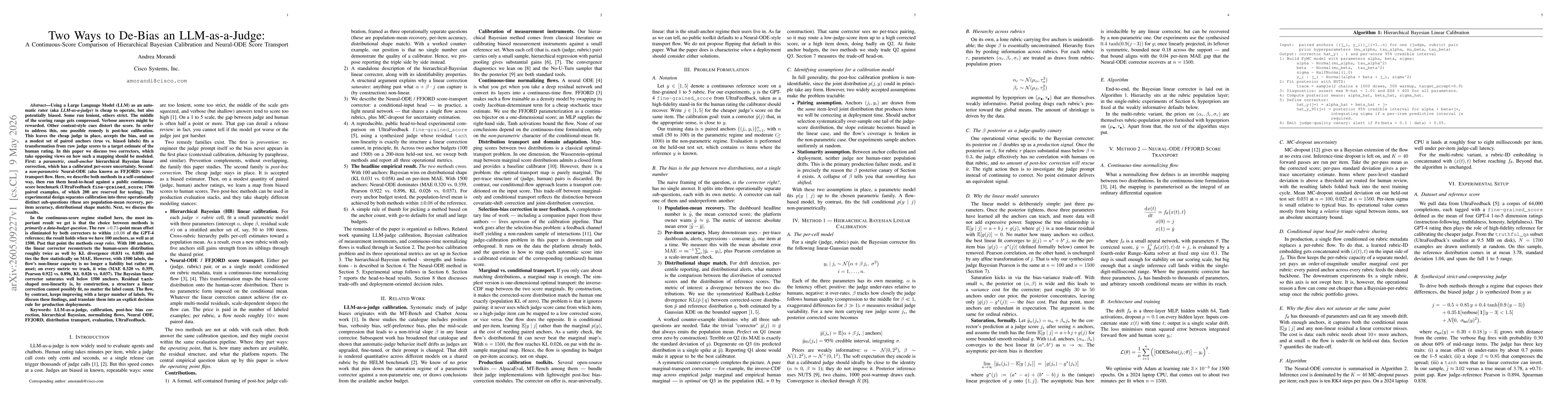 Thumbnail for Two Ways to De-Bias an LLM-as-a-Judge: A Continuous-Score Comparison of Hierarchical Bayesian Calibration and Neural-ODE Score Transport