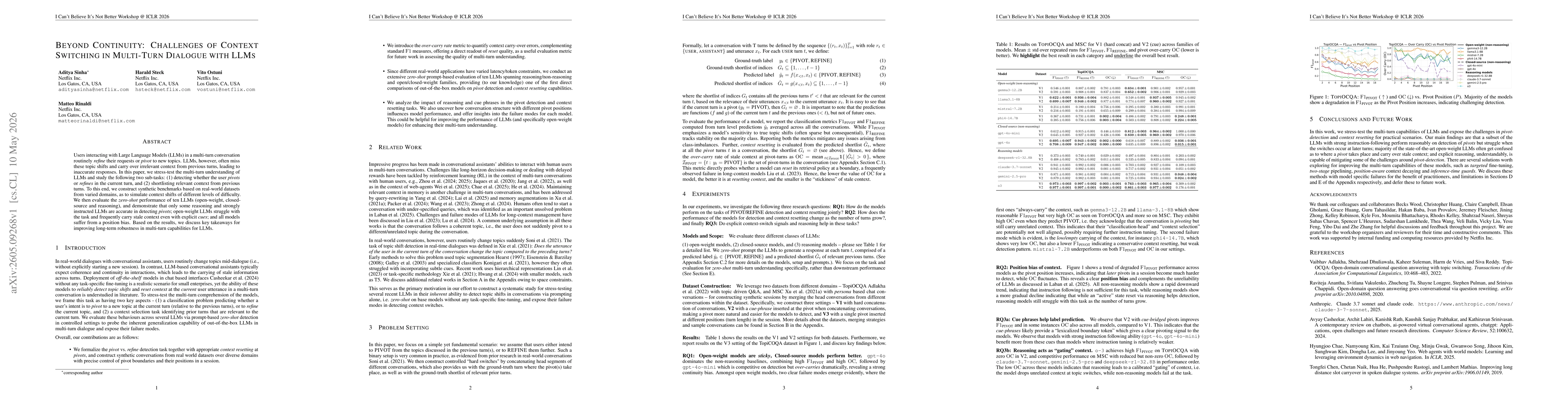 Thumbnail for Beyond Continuity: Challenges of Context Switching in Multi-Turn Dialogue with LLMs