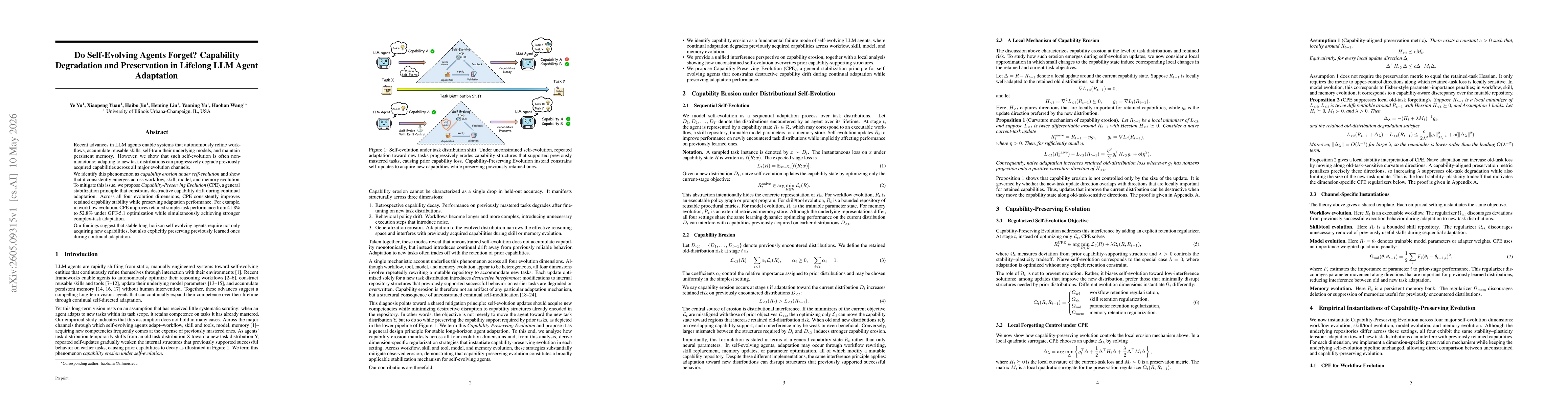Thumbnail for Do Self-Evolving Agents Forget? Capability Degradation and Preservation in Lifelong LLM Agent Adaptation