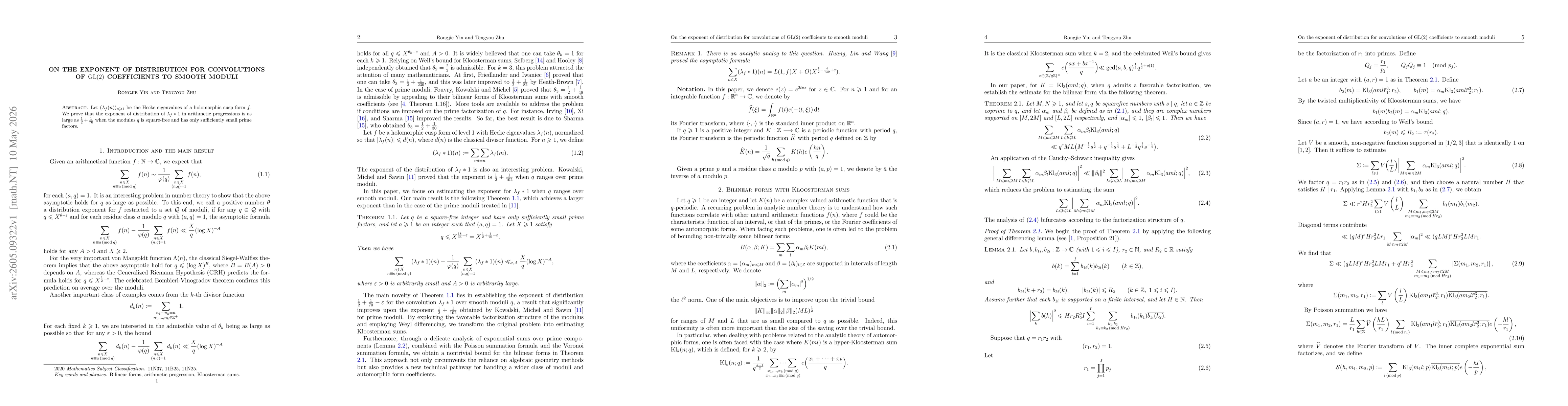 Thumbnail for On the exponent of distribution for convolutions of $\operatorname{GL}(2)$ coefficients to smooth moduli