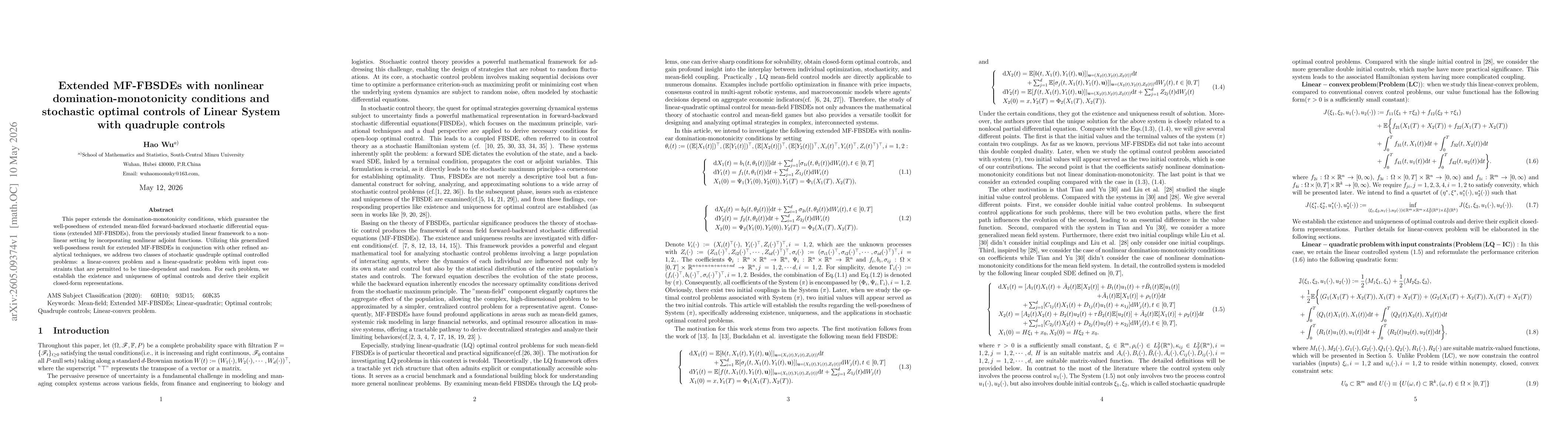 Thumbnail for Extended MF-FBSDEs with nonlinear domination-monotonicity conditions and stochastic optimal controls of Linear System with quadruple controls