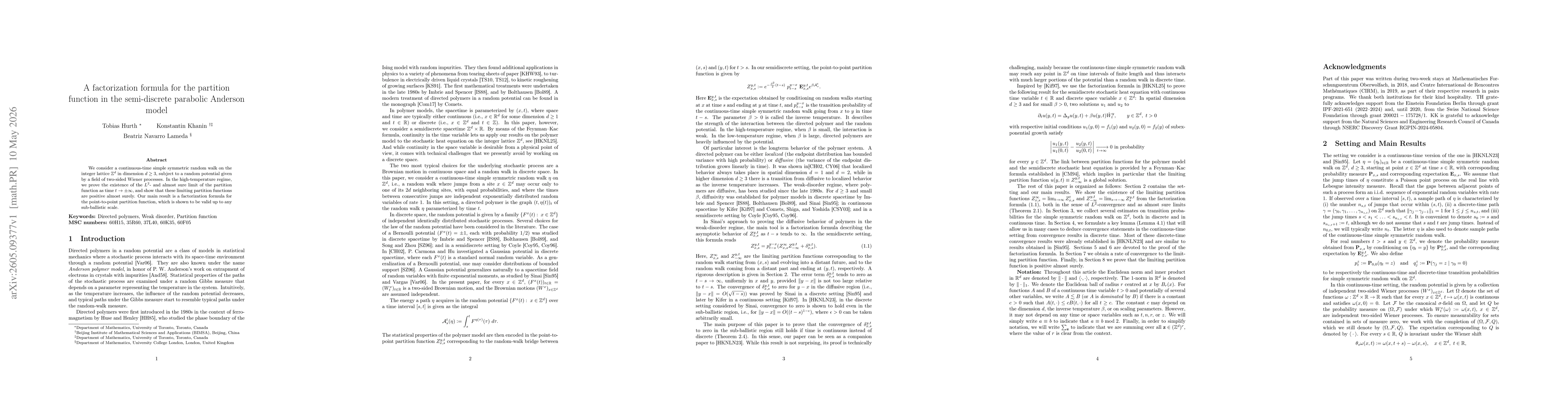 Thumbnail for A factorization formula for the partition function in the semi-discrete parabolic Anderson model