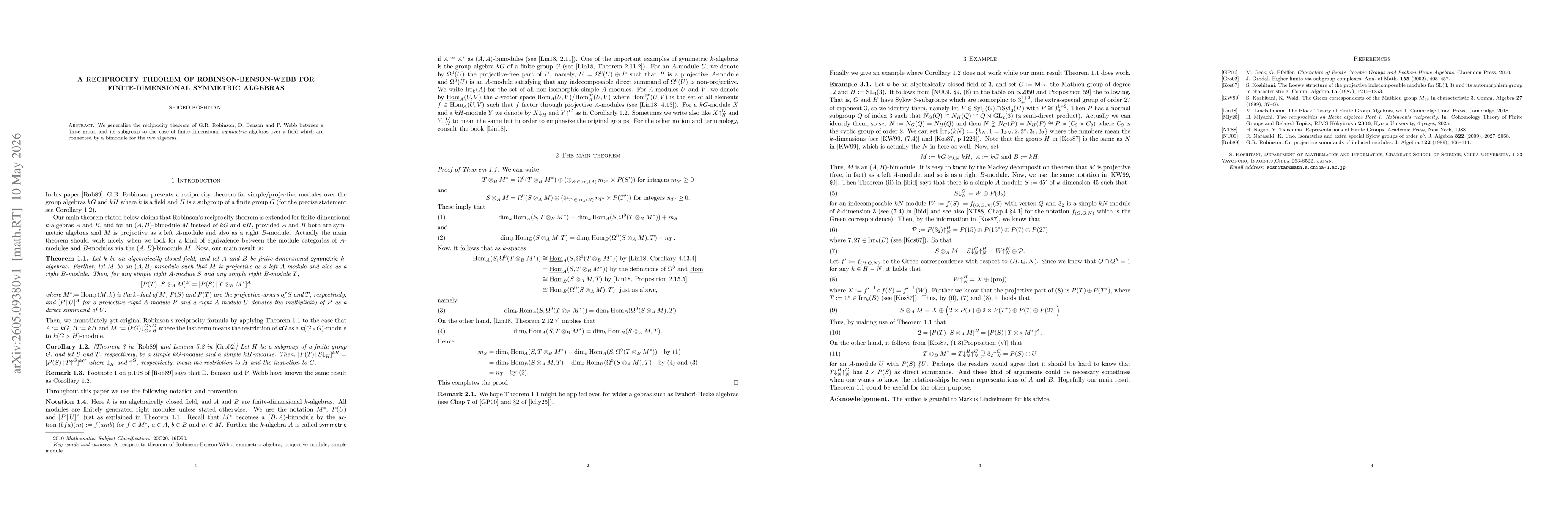 Thumbnail for A reciprocity theorem of Robinson-Benson-Webb for finite-dimensional symmetric algebras
