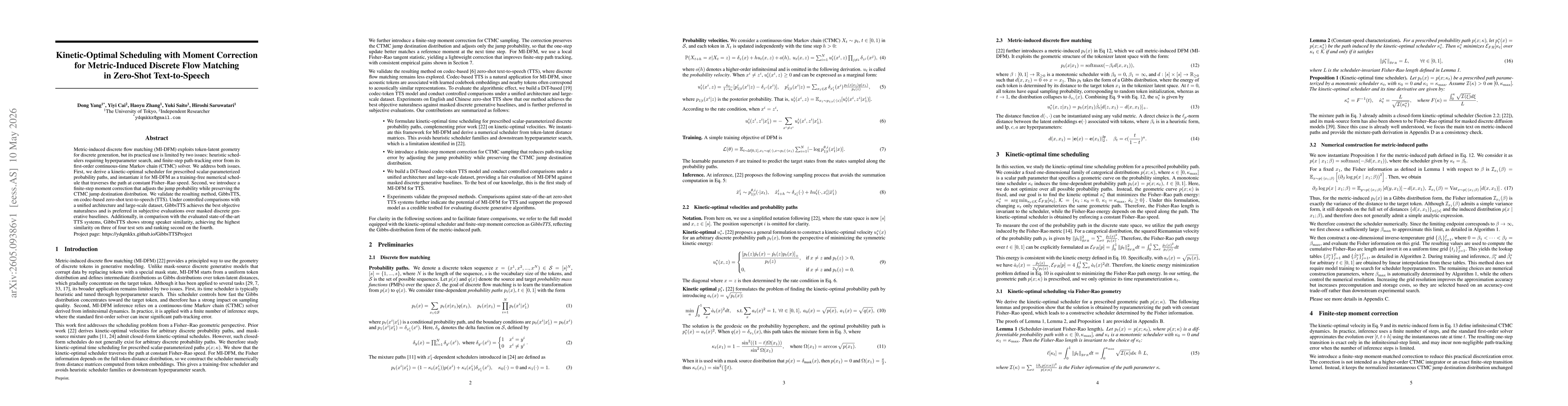 Thumbnail for Kinetic-Optimal Scheduling with Moment Correction for Metric-Induced Discrete Flow Matching in Zero-Shot Text-to-Speech