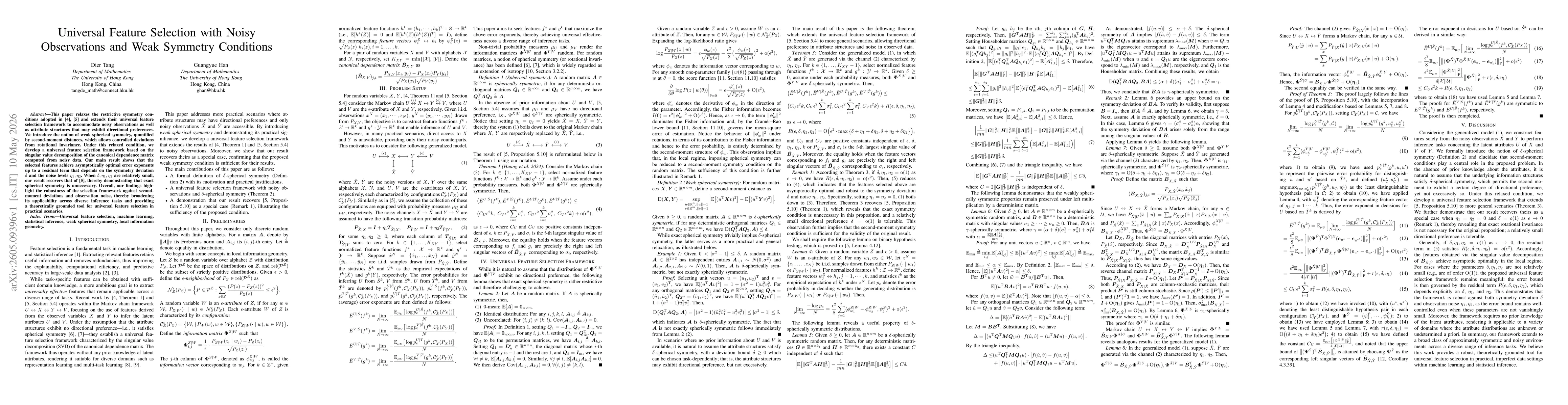 Thumbnail for Universal Feature Selection with Noisy Observations and Weak Symmetry Conditions