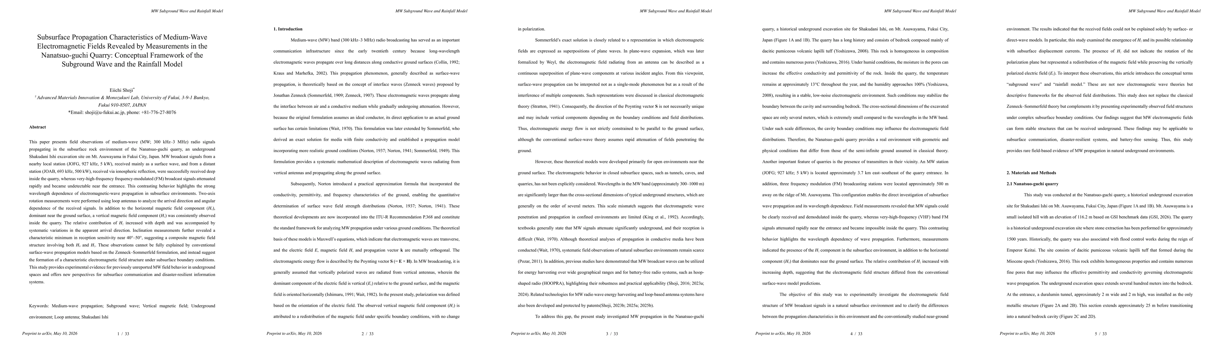 Thumbnail for Subsurface Propagation Characteristics of Medium-Wave Electromagnetic Fields Revealed by Measurements in the Nanatsuo-guchi Quarry: Conceptual Framework of the Subground Wave and the Rainfall Model