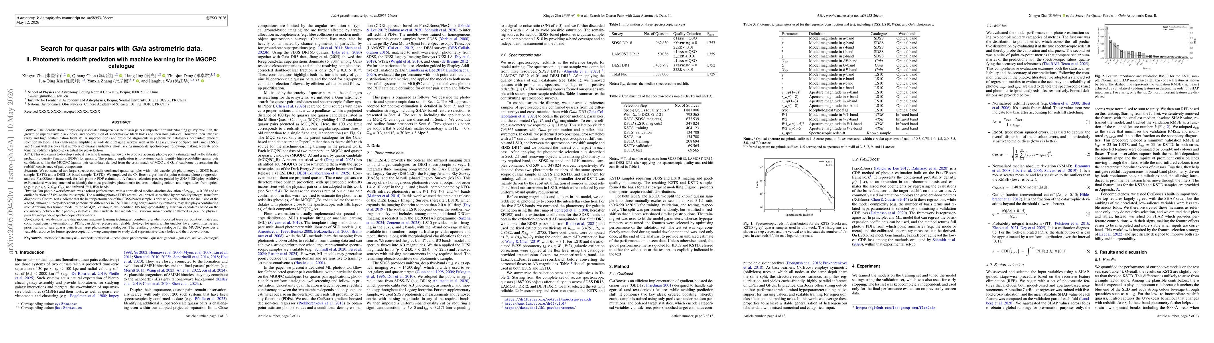 Thumbnail for Search for quasar pairs with Gaia astrometric data. II. Photometric redshift prediction with machine learning for the MGQPC catalogue