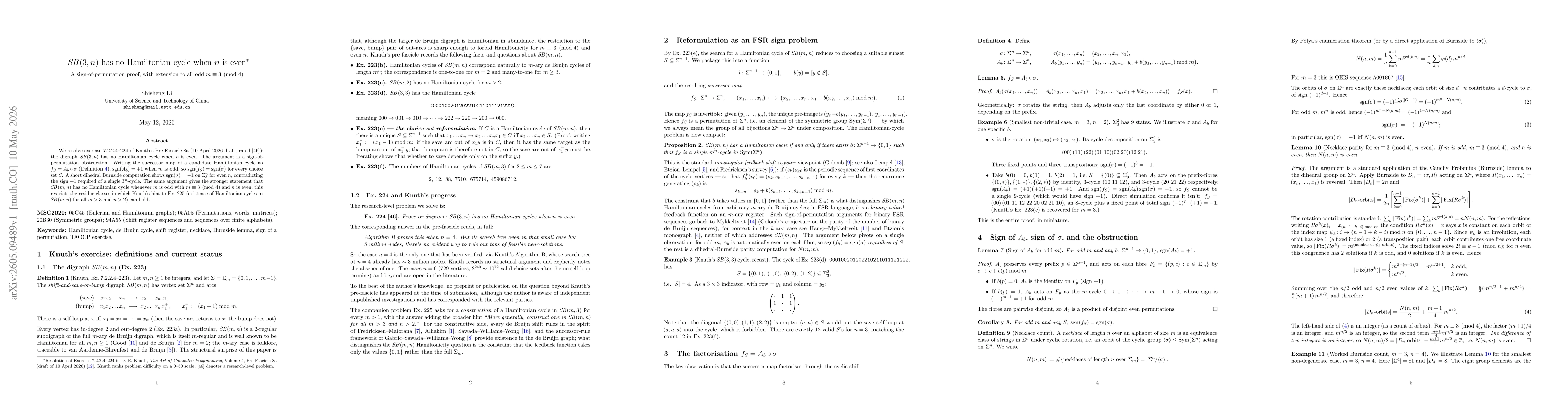 Thumbnail for $\mathit{SB}(3,n)$ has no Hamiltonian cycle when $n$ is even: a sign-of-permutation proof, with extension to all odd $m\equiv 3\pmod 4$