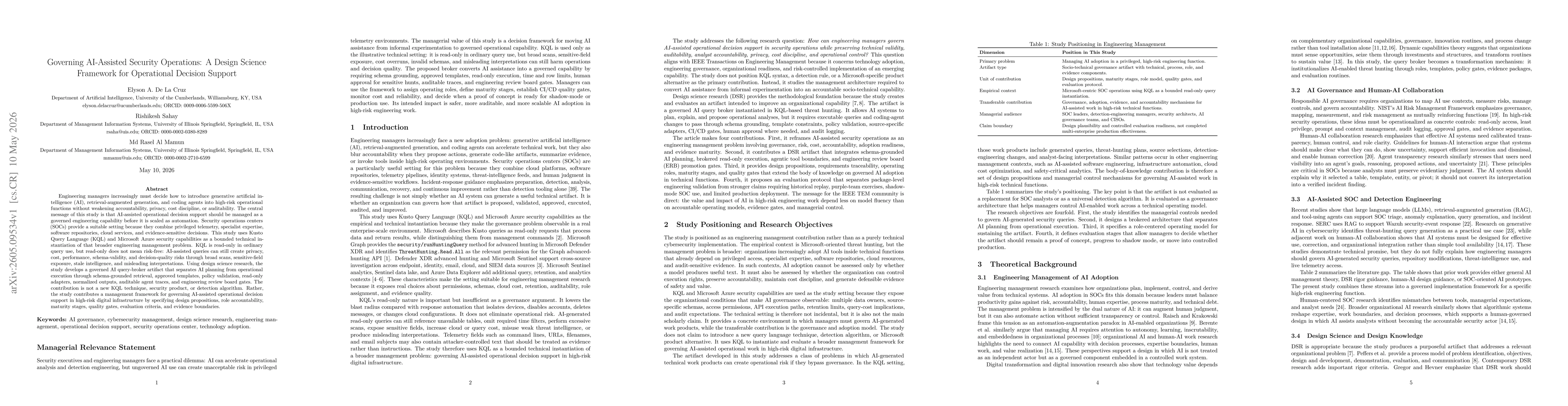 Thumbnail for Governing AI-Assisted Security Operations: A Design Science Framework for Operational Decision Support