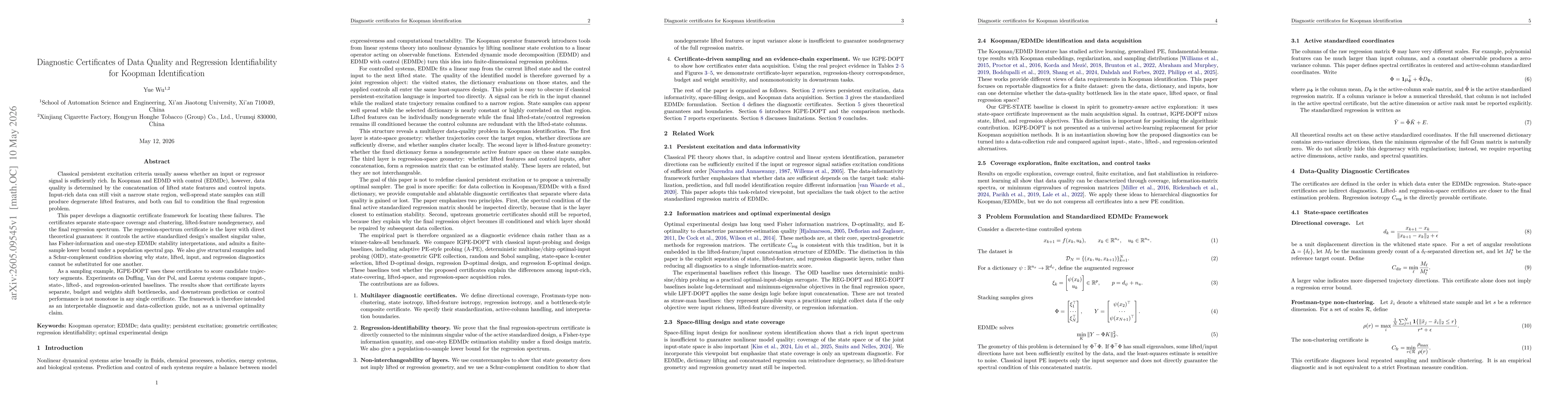 Thumbnail for Diagnostic Certificates of Data Quality and Regression Identifiability for Koopman Identification