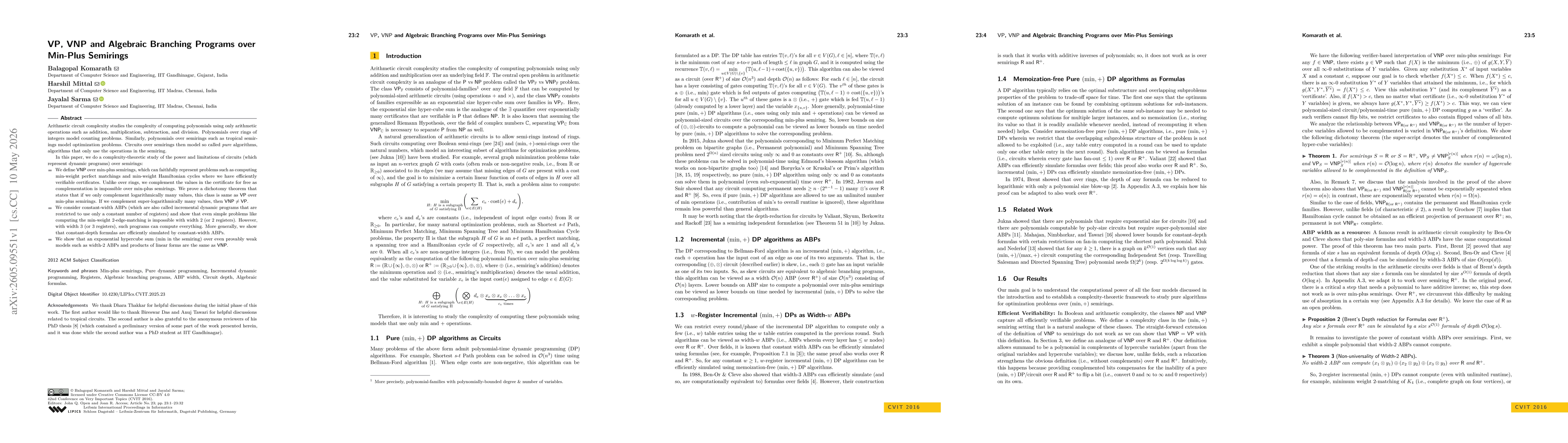 Thumbnail for VP, VNP and Algebraic Branching Programs over Min-Plus Semirings