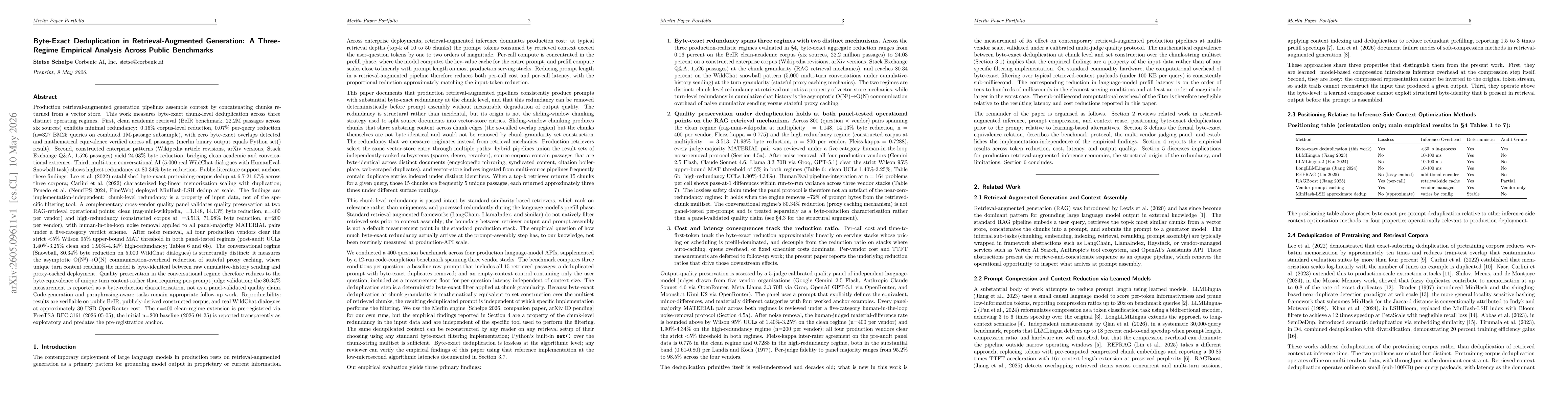 Thumbnail for Byte-Exact Deduplication in Retrieval-Augmented Generation: A Three-Regime Empirical Analysis Across Public Benchmarks