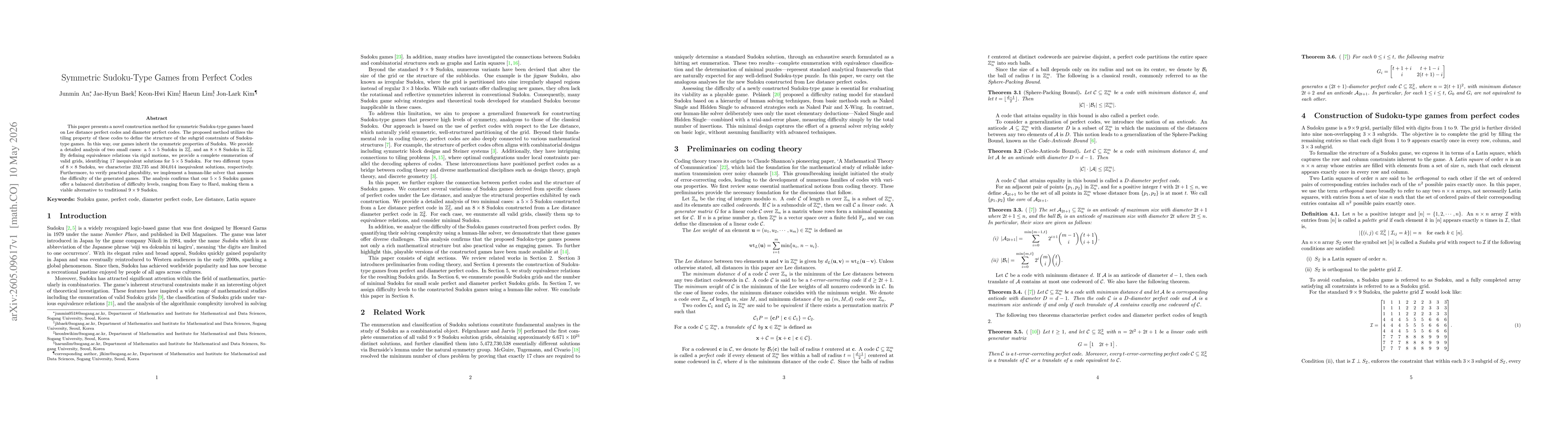 Thumbnail for Symmetric Sudoku-Type Games from Perfect Codes