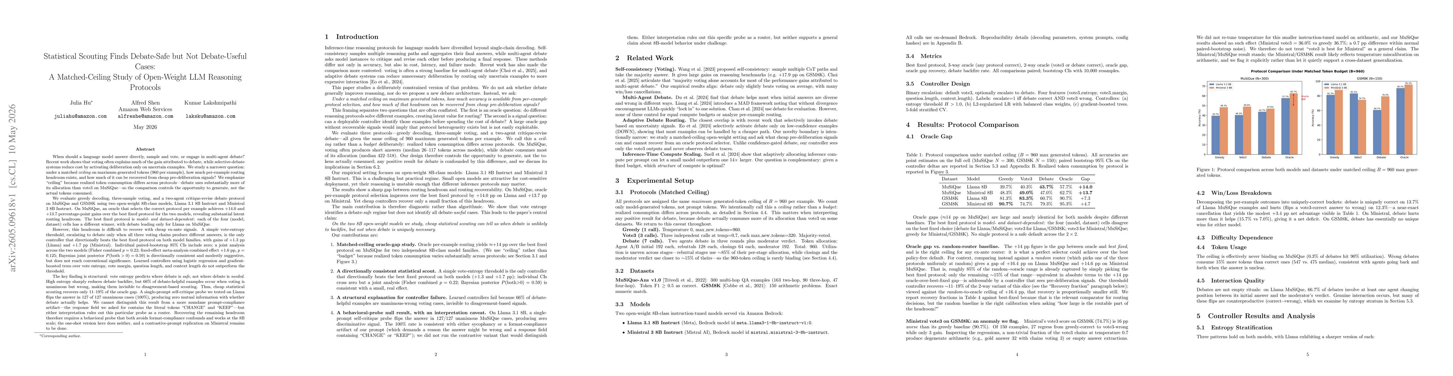 Thumbnail for Statistical Scouting Finds Debate-Safe but Not Debate-Useful Cases: A Matched-Ceiling Study of Open-Weight LLM Reasoning Protocols