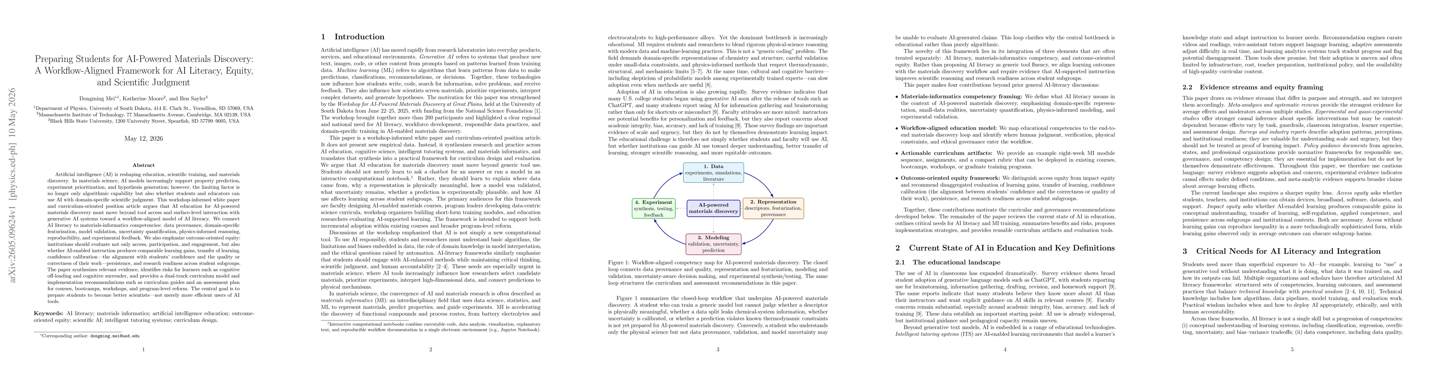 Thumbnail for Preparing Students for AI-Powered Materials Discovery: A Workflow-Aligned Framework for AI Literacy, Equity, and Scientific Judgment