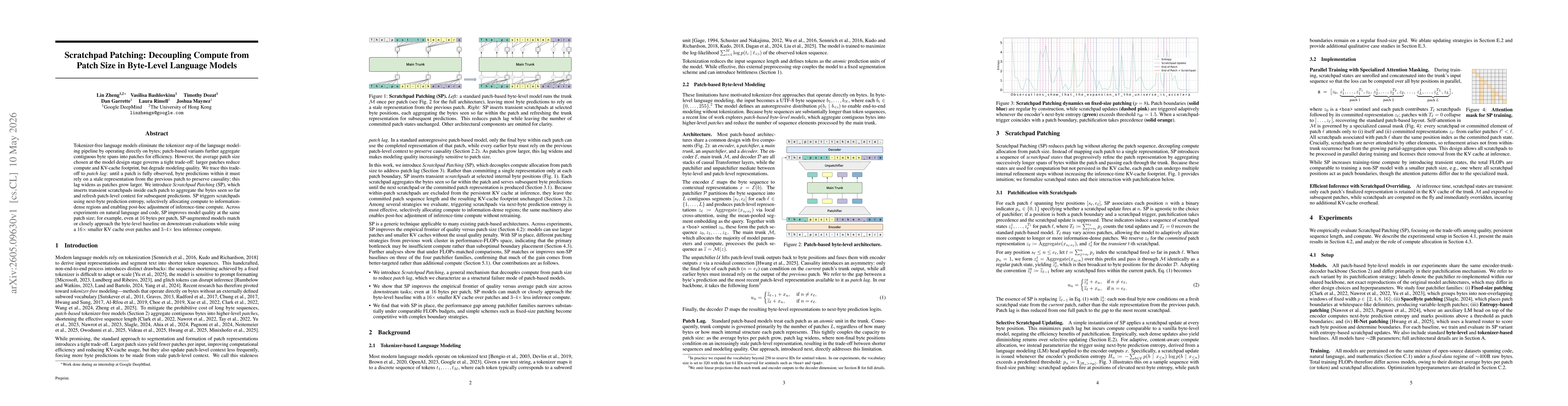 Thumbnail for Scratchpad Patching: Decoupling Compute from Patch Size in Byte-Level Language Models