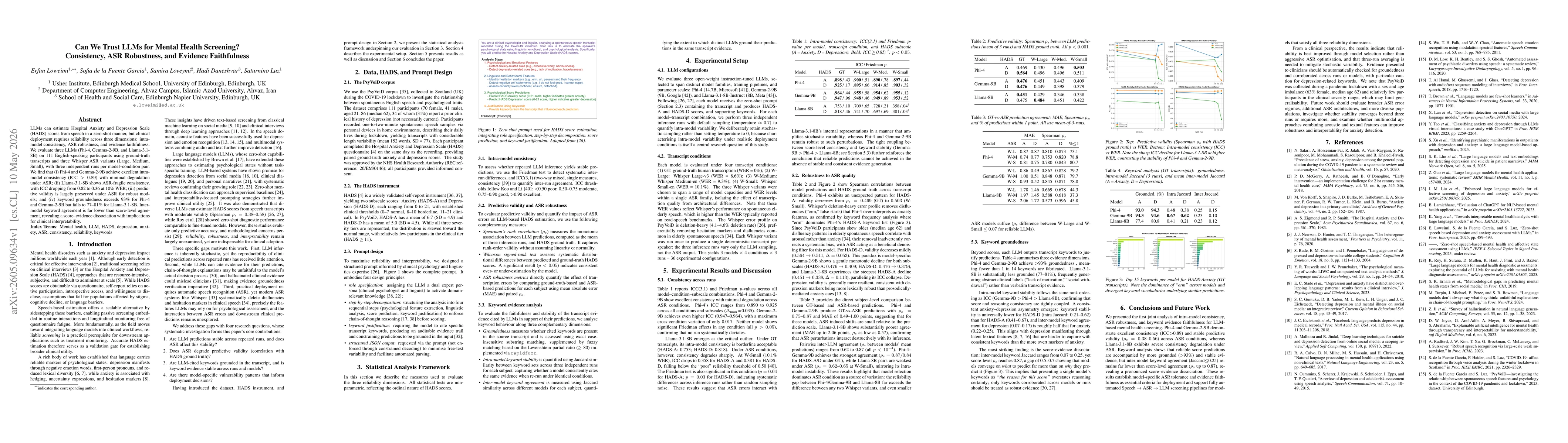 Thumbnail for Can We Trust LLMs for Mental Health Screening? Consistency, ASR Robustness, and Evidence Faithfulness