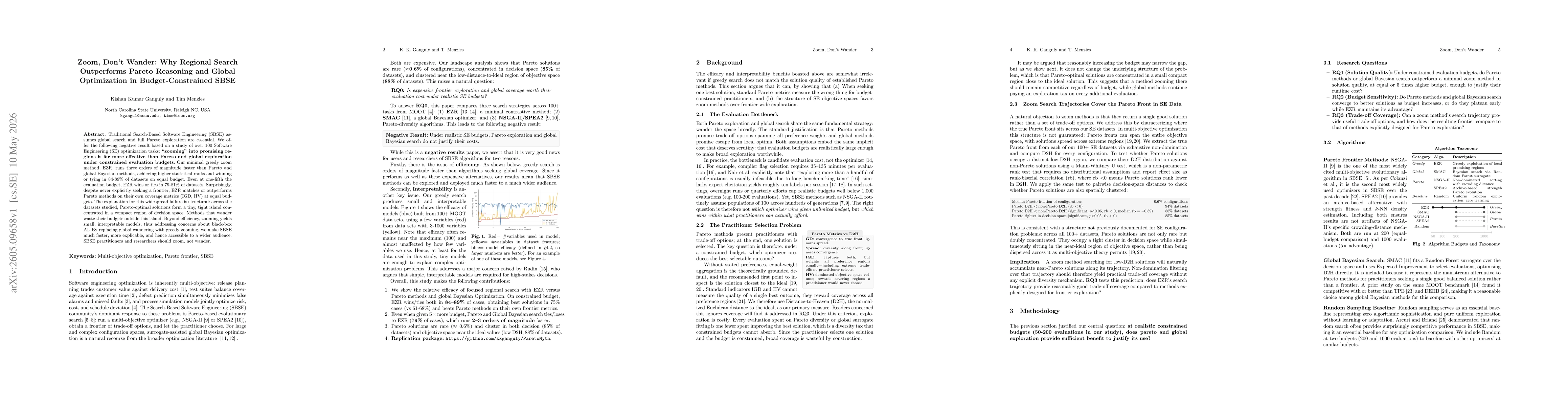 Thumbnail for Zoom, Don't Wander: Why Regional Search Outperforms Pareto Reasoning and Global Optimization in Budget-Constrained SBSE