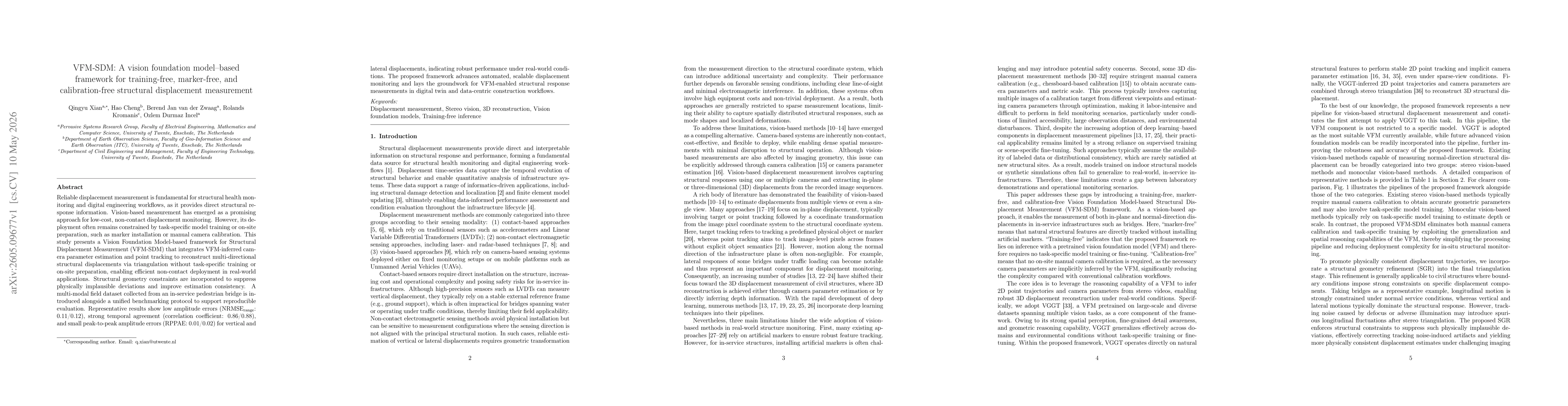 Thumbnail for VFM-SDM: A vision foundation model-based framework for training-free, marker-free, and calibration-free structural displacement measurement