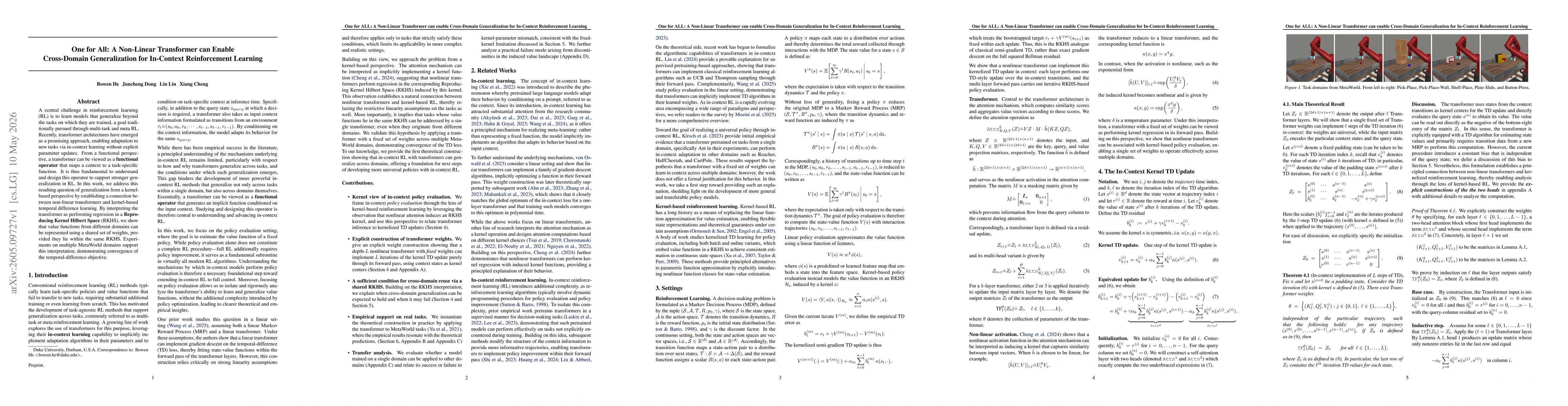 Thumbnail for One for All: A Non-Linear Transformer can Enable Cross-Domain Generalization for In-Context Reinforcement Learning