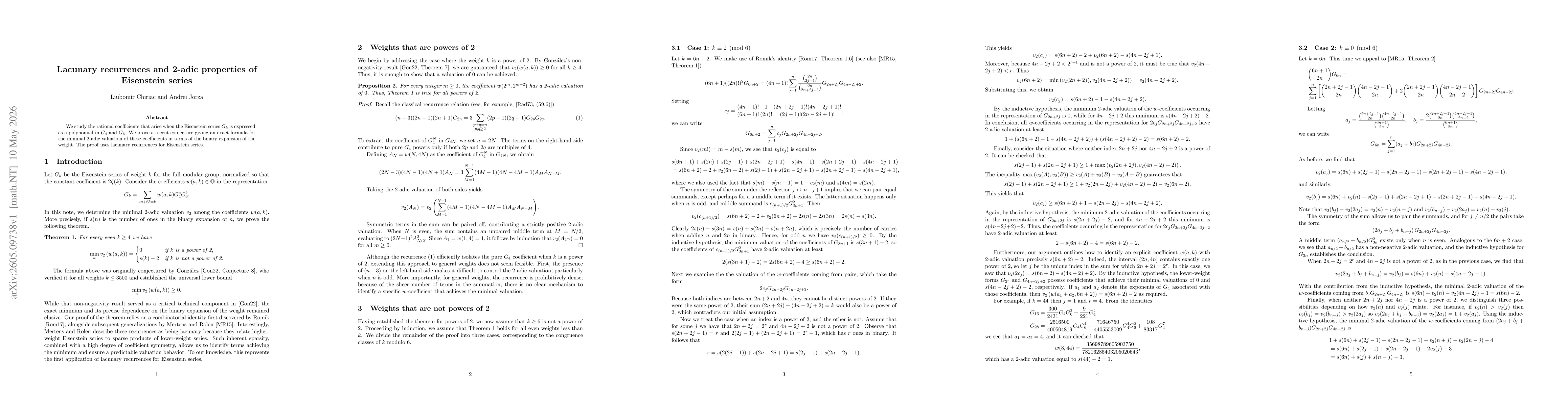 Thumbnail for Lacunary recurrences and 2-adic properties of Eisenstein series