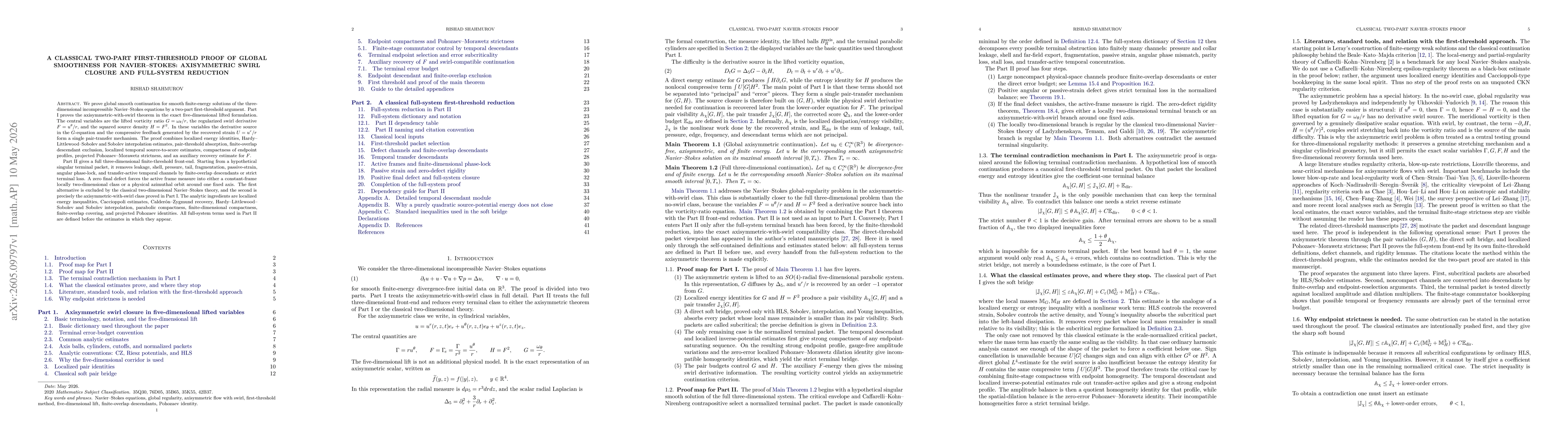 Thumbnail for A Classical Two-Part First-Threshold Proof of Global Smoothness for Navier--Stokes: Axisymmetric Swirl Closure and Full-System Reduction