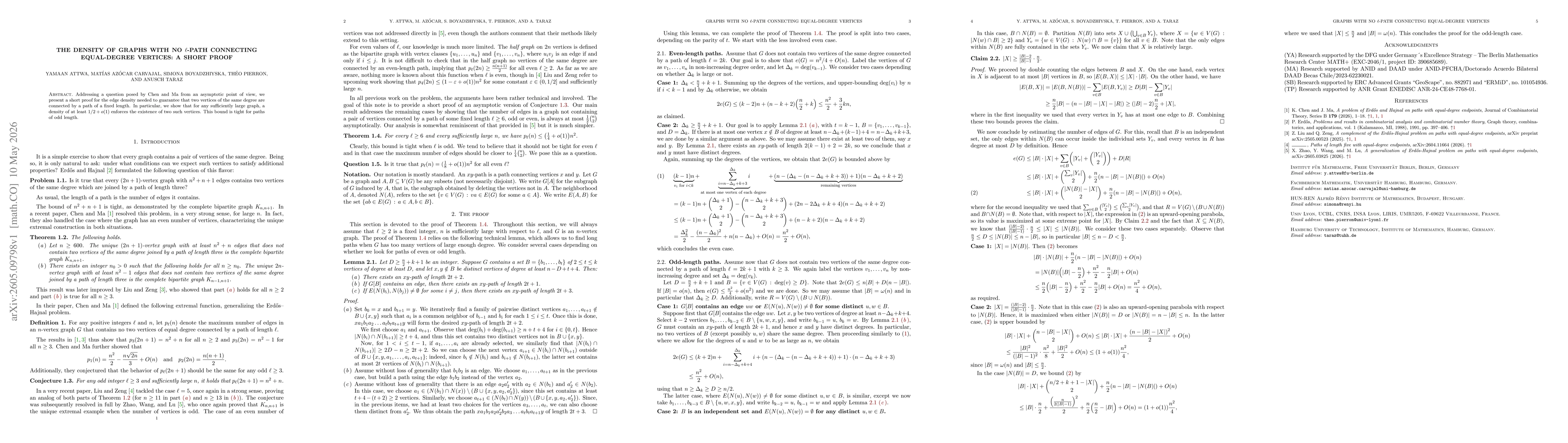 Thumbnail for The density of graphs with no $\ell$-path connecting equal-degree vertices: a short proof