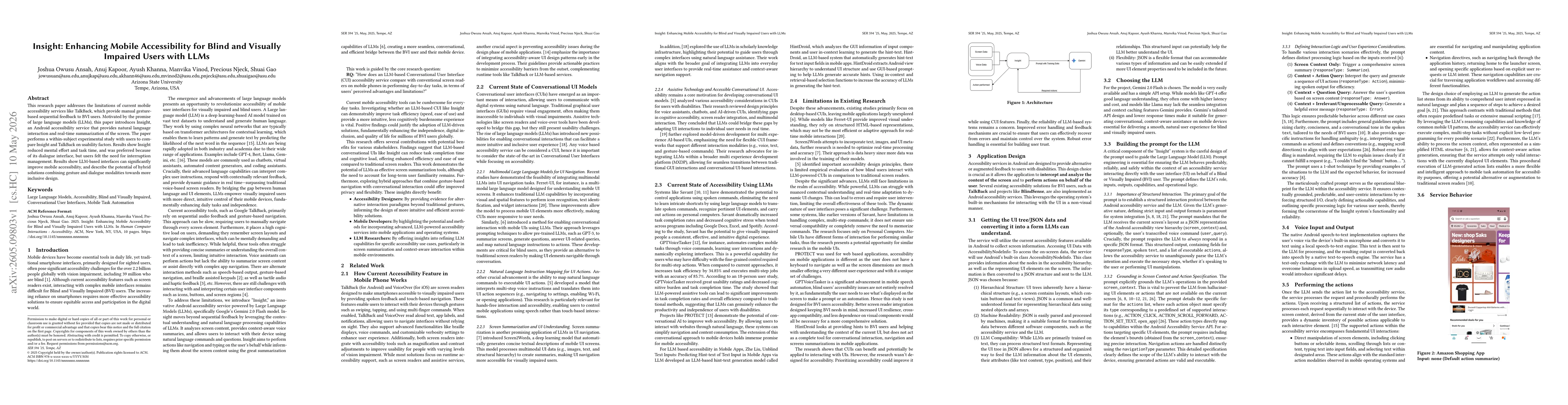 Thumbnail for Insight: Enhancing Mobile Accessibility for Blind and Visually Impaired Users with LLMs