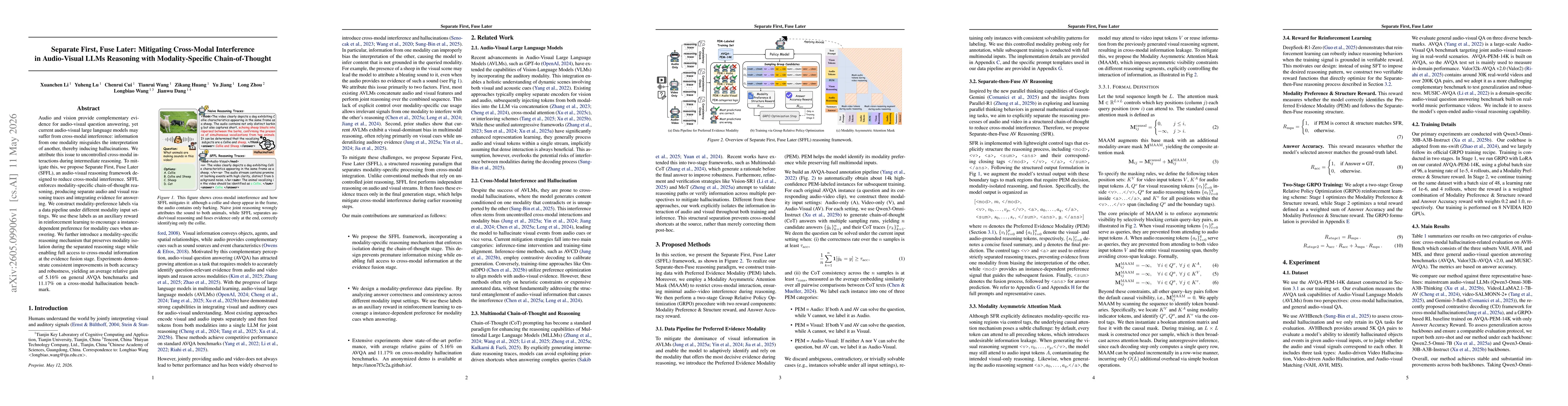 Thumbnail for Separate First, Fuse Later: Mitigating Cross-Modal Interference in Audio-Visual LLMs Reasoning with Modality-Specific Chain-of-Thought