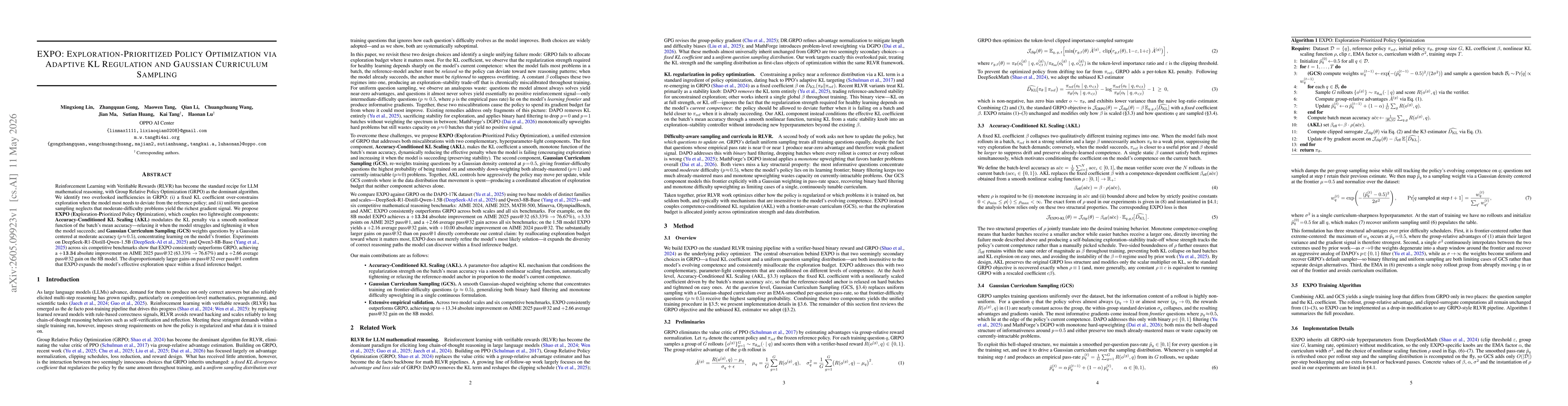 Thumbnail for expo: Exploration-prioritized policy optimization via adaptive kl regulation and gaussian curriculum sampling