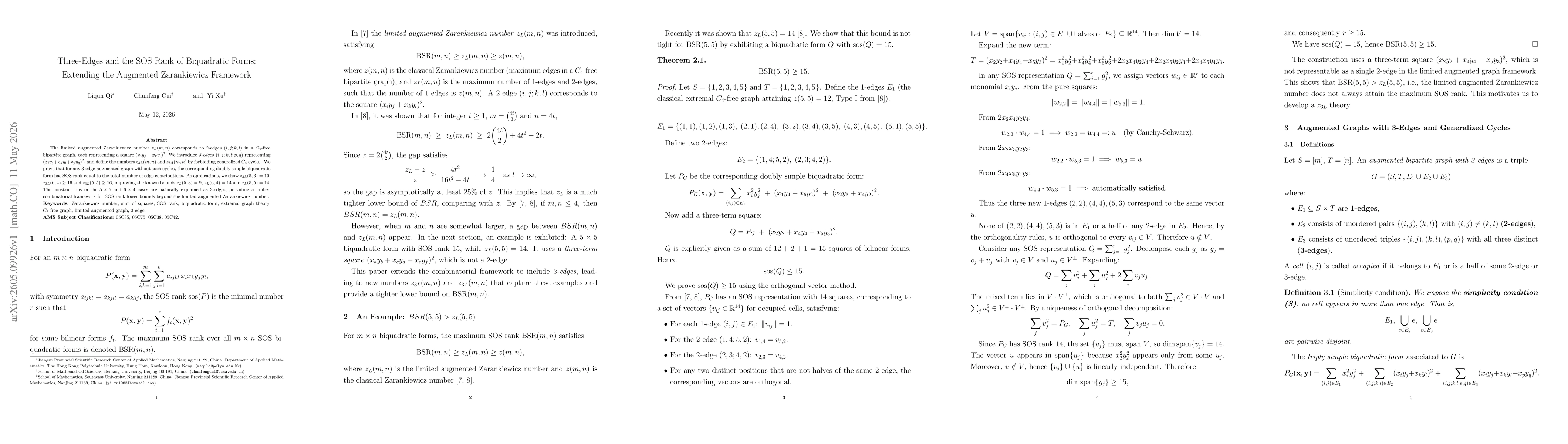 Thumbnail for Three-Edges and the SOS Rank of Biquadratic Forms: Extending the Augmented Zarankiewicz Framework