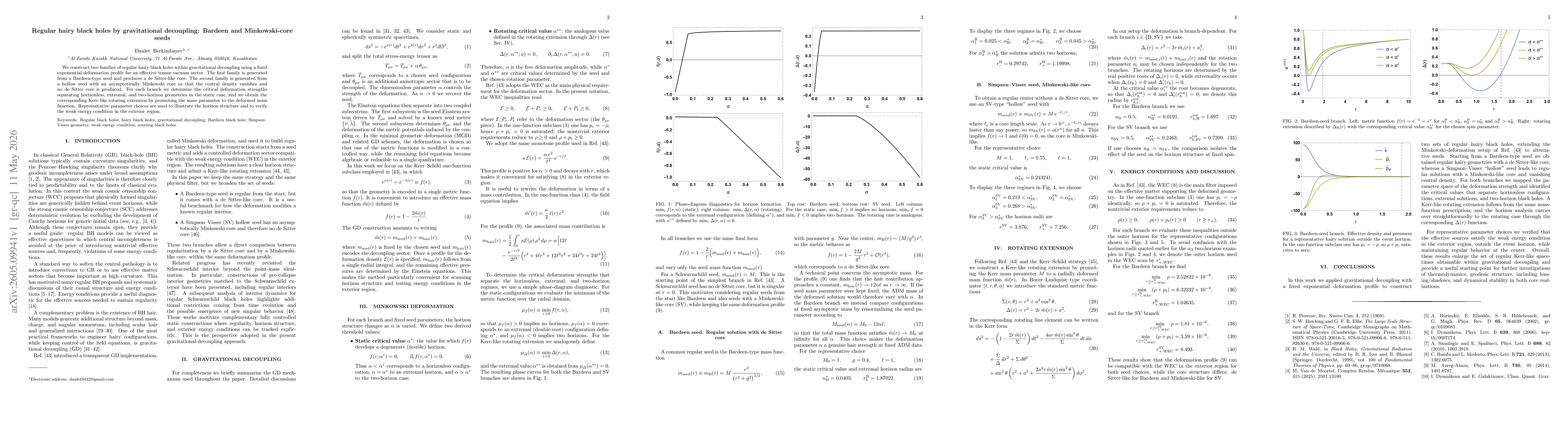 Thumbnail for Regular hairy black holes by gravitational decoupling: Bardeen and Minkowski-core seeds