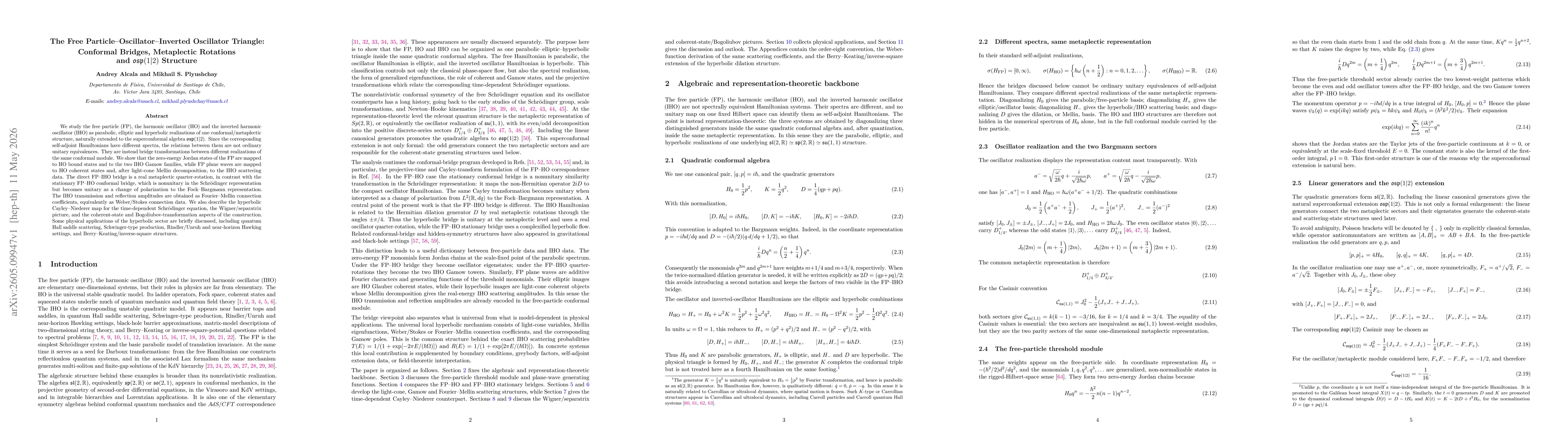 Thumbnail for The Free Particle--Oscillator--Inverted Oscillator Triangle: Conformal Bridges, Metaplectic Rotations and $\mathfrak{osp}(1|2)$ Structure