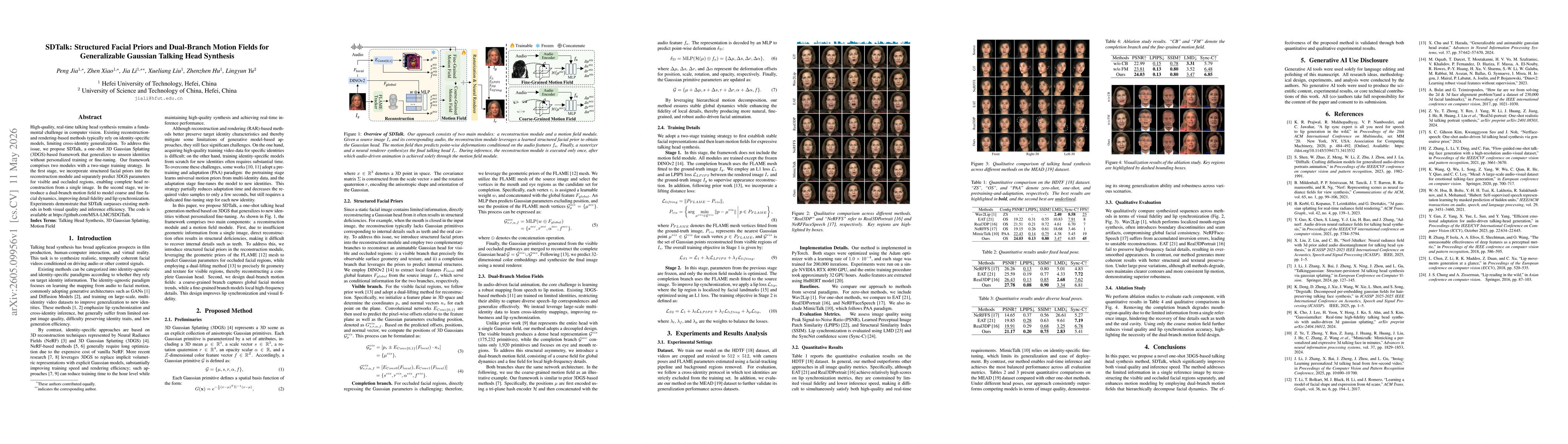 Thumbnail for SDTalk: Structured Facial Priors and Dual-Branch Motion Fields for Generalizable Gaussian Talking Head Synthesis
