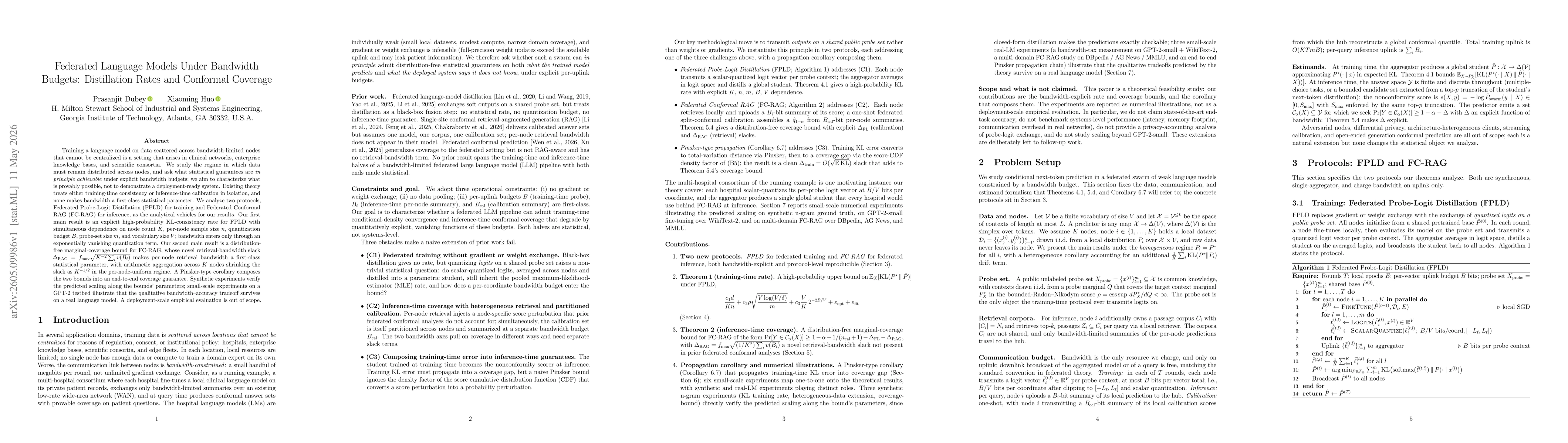 Thumbnail for Federated Language Models Under Bandwidth Budgets: Distillation Rates and Conformal Coverage