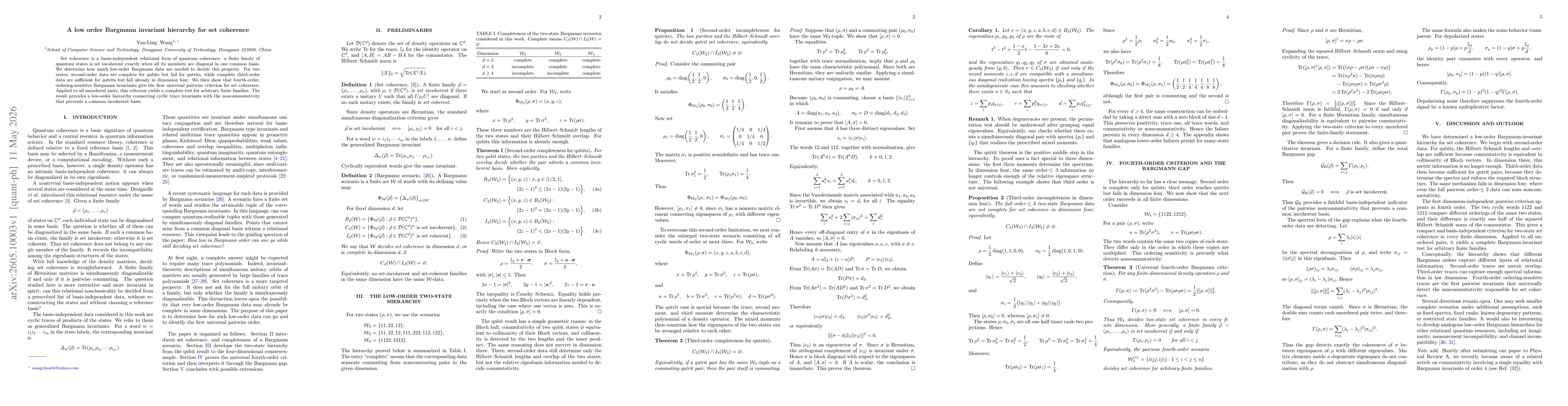 Thumbnail for A low order Bargmann invariant hierarchy for set coherence