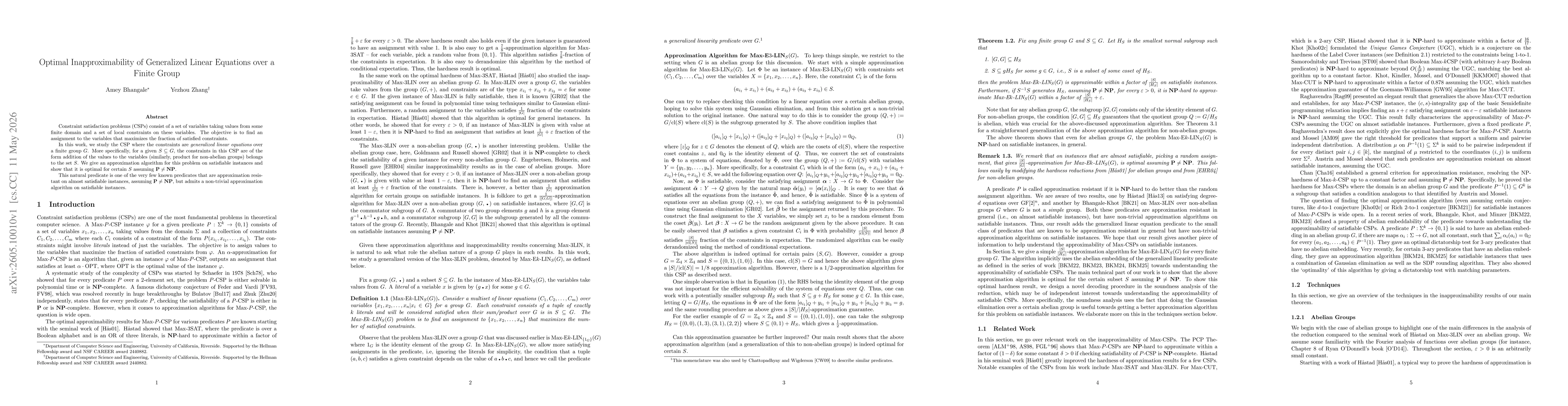 Thumbnail for Optimal Inapproximability of Generalized Linear Equations over a Finite Group