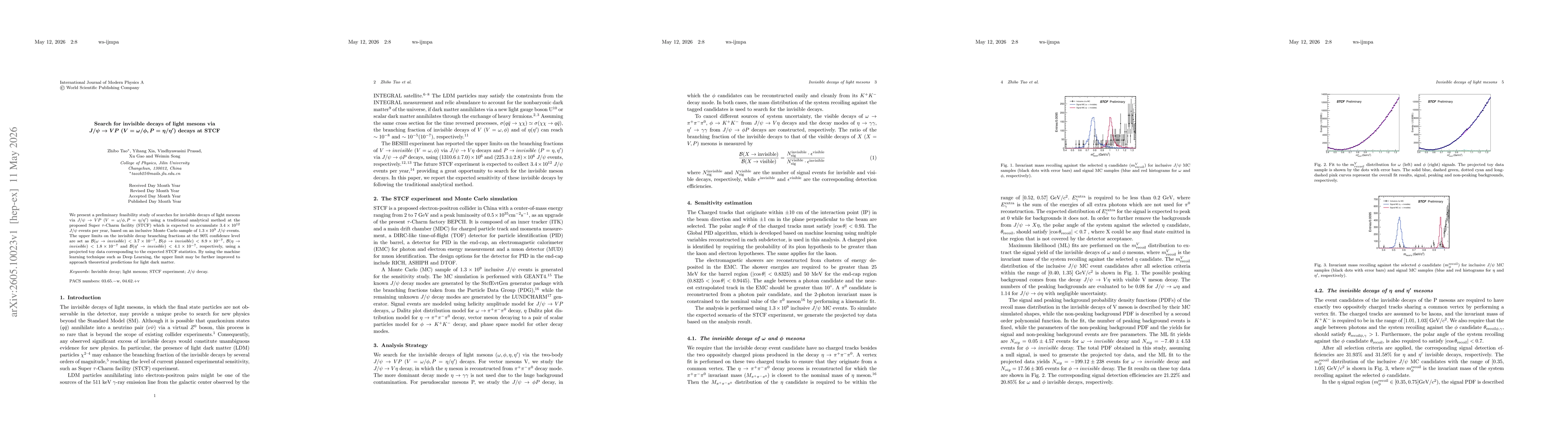 Thumbnail for Search for invisible decays of light mesons via $J/ψ\to VP$ $(V=ω/φ,P=η/η')$ decays at STCF