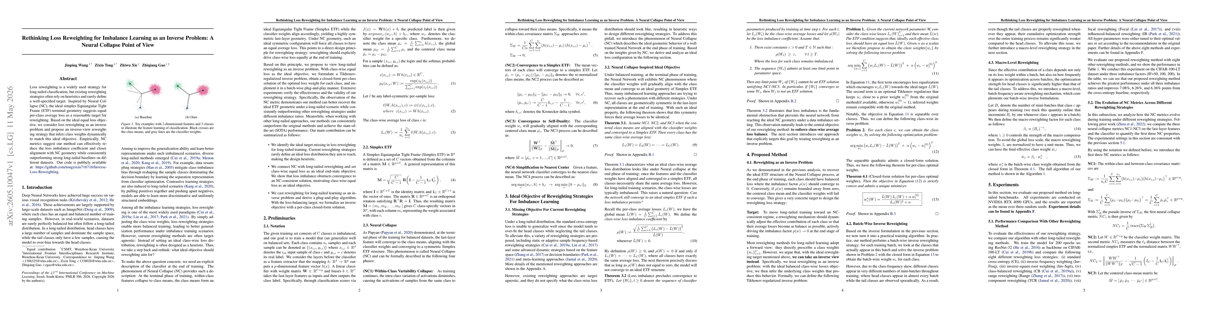 Thumbnail for Rethinking Loss Reweighting for Imbalance Learning as an Inverse Problem: A Neural Collapse Point of View