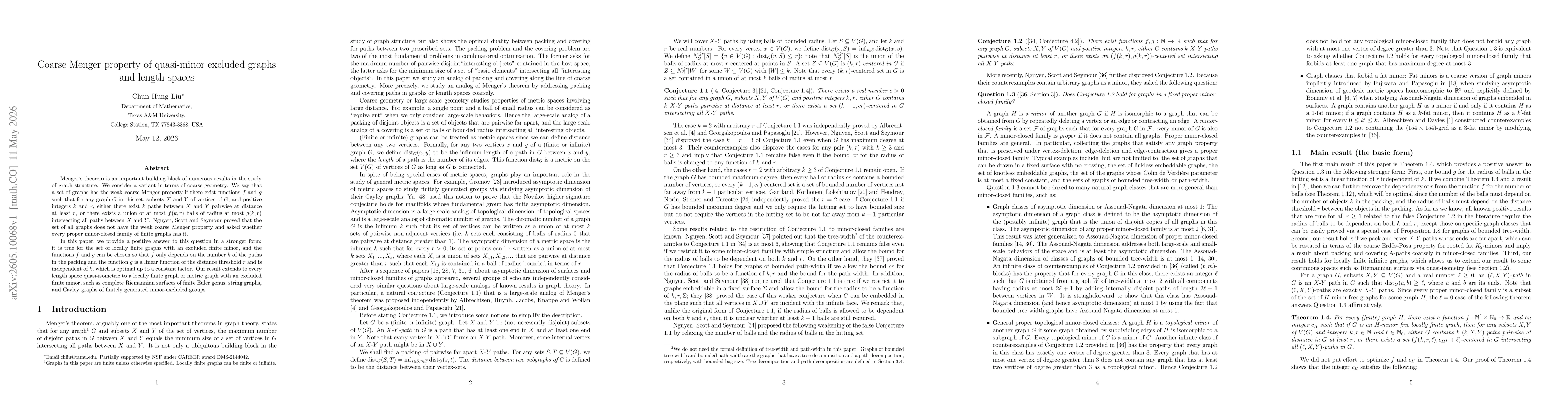 Thumbnail for Coarse Menger property of quasi-minor excluded graphs and length spaces