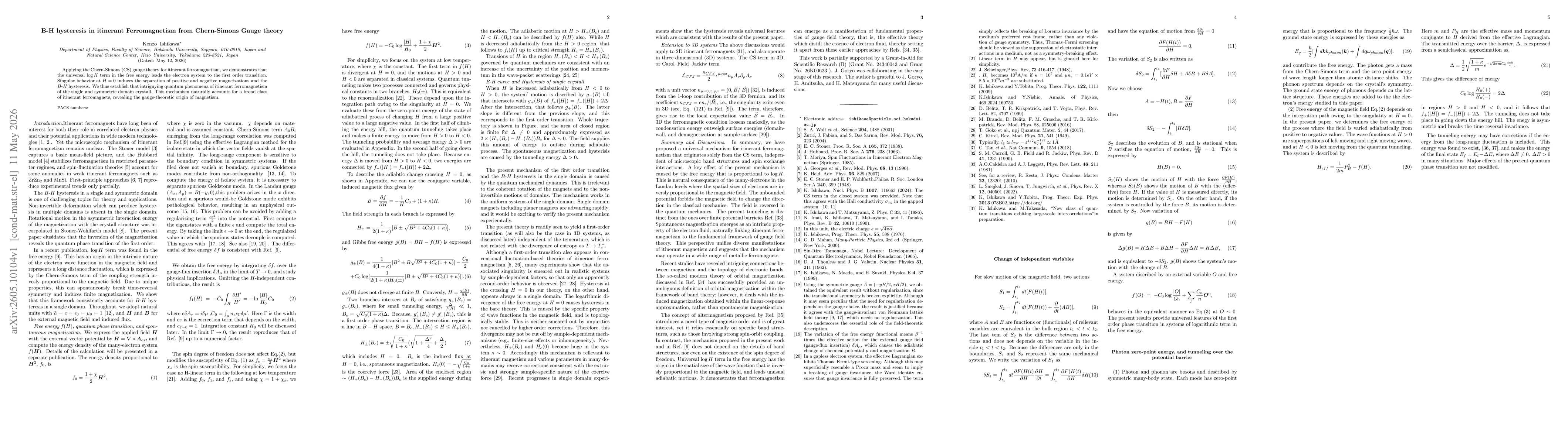 Thumbnail for B-H hysteresis in itinerant Feromagnetism from Chern-Simons Gauge theory