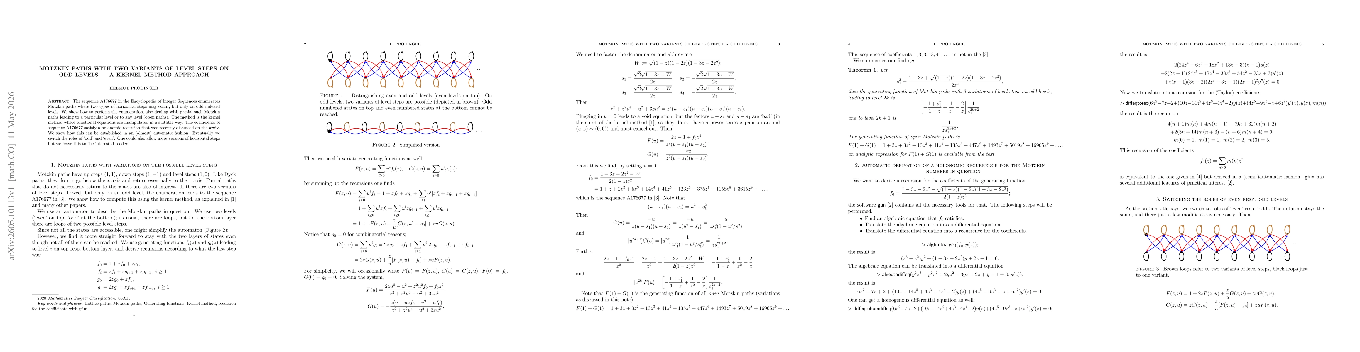 Thumbnail for Motzkin paths with two variants of level steps on odd levels -- a kernel method approach