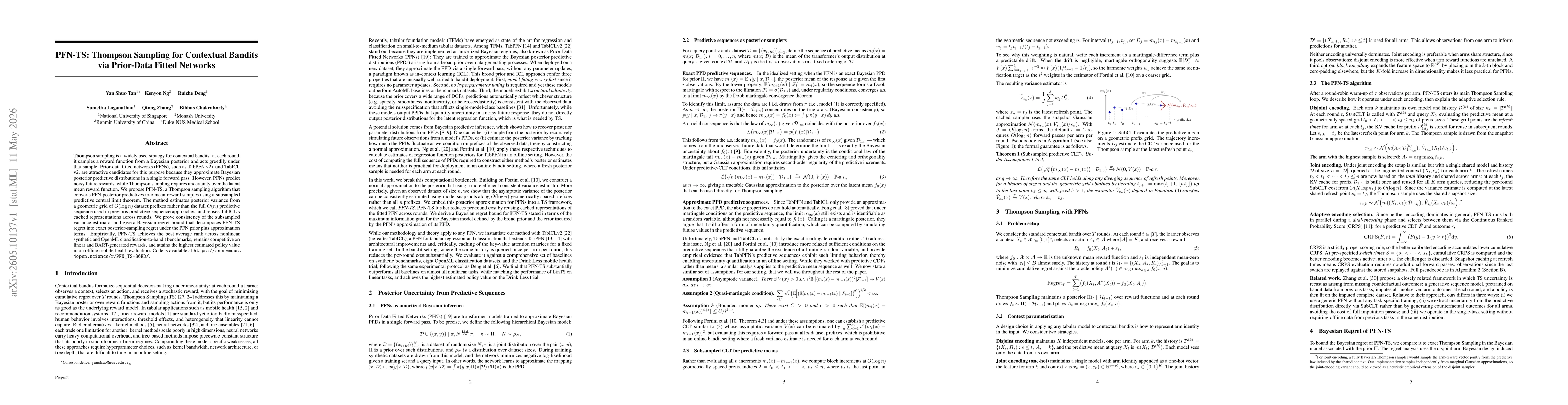 Thumbnail for PFN-TS: Thompson Sampling for Contextual Bandits via Prior-Data Fitted Networks