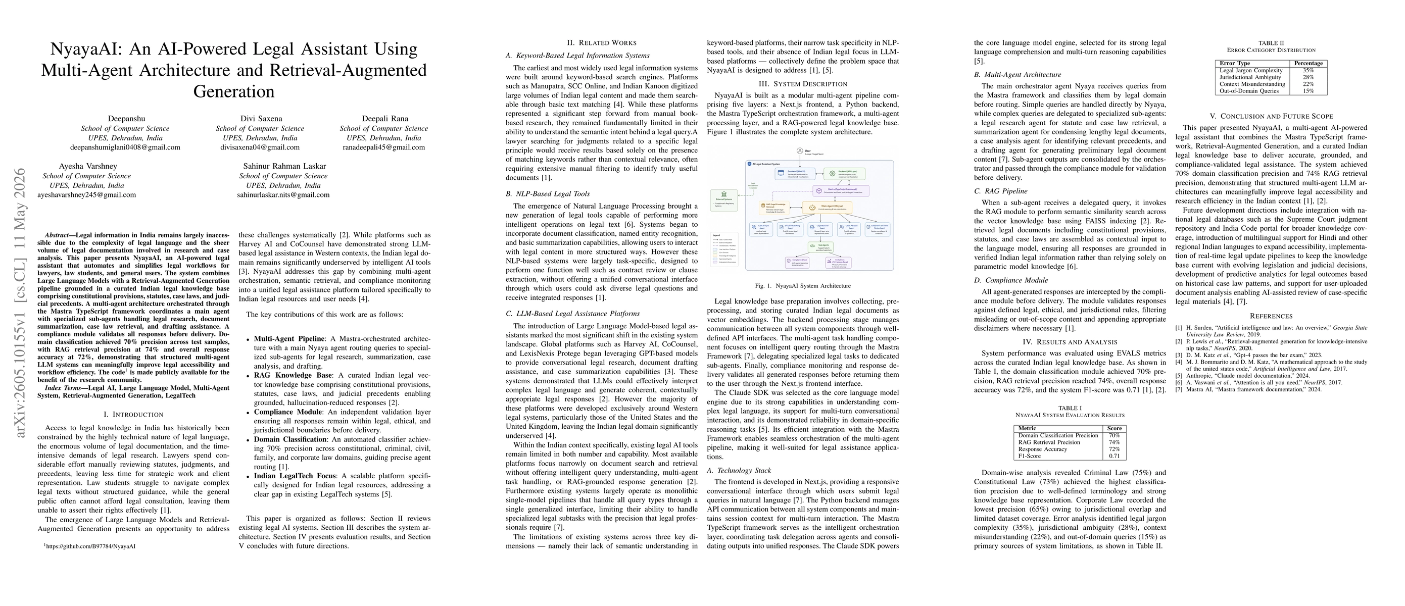 Thumbnail for NyayaAI: An AI-Powered Legal Assistant Using Multi-Agent Architecture and Retrieval-Augmented Generation