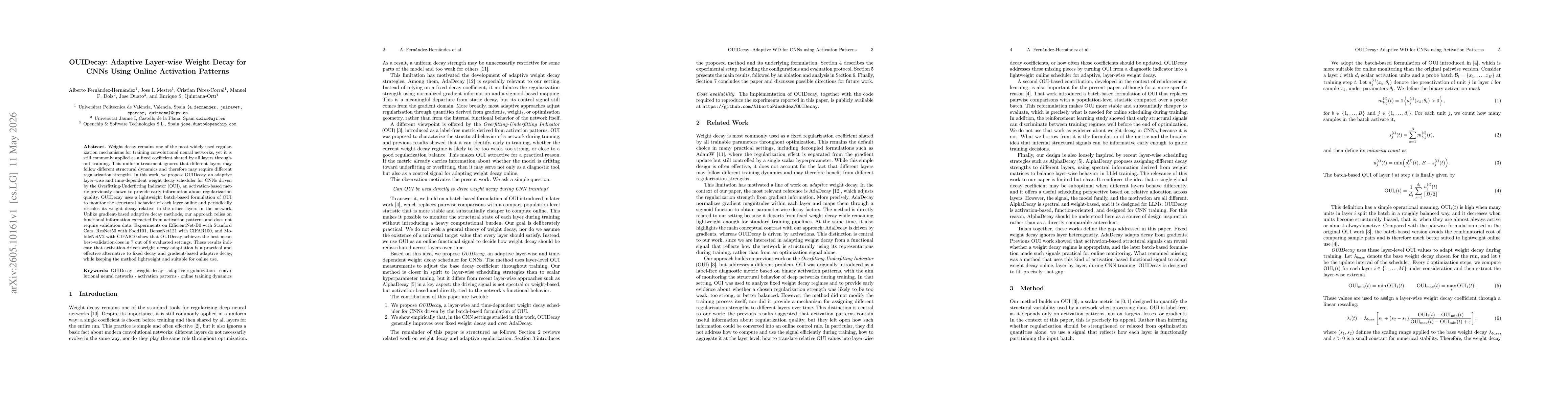 Thumbnail for OUIDecay: Adaptive Layer-wise Weight Decay for CNNs Using Online Activation Patterns