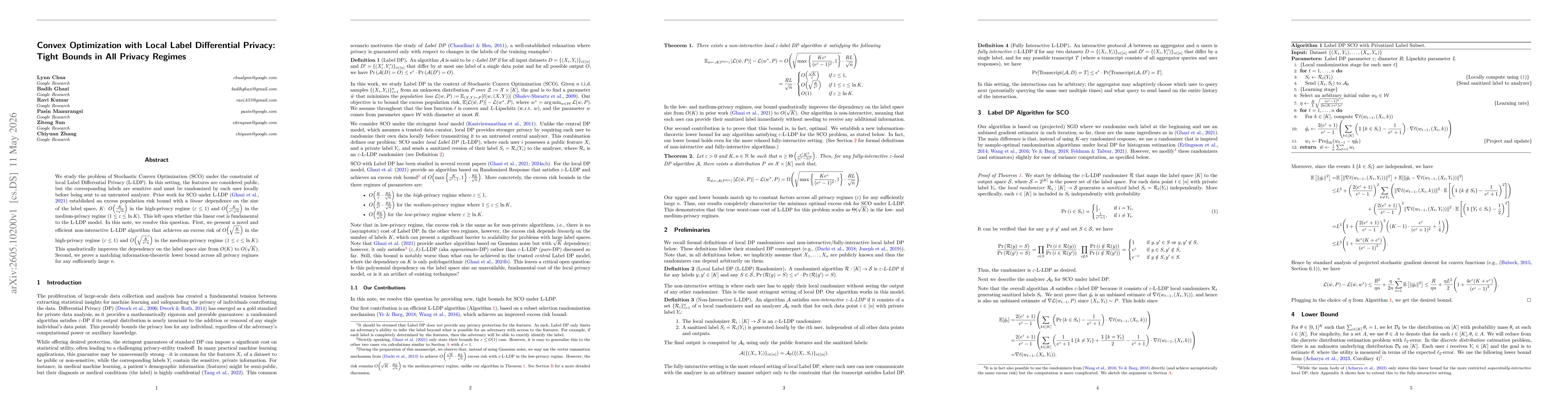 Thumbnail for Convex Optimization with Local Label Differential Privacy: Tight Bounds in All Privacy Regimes