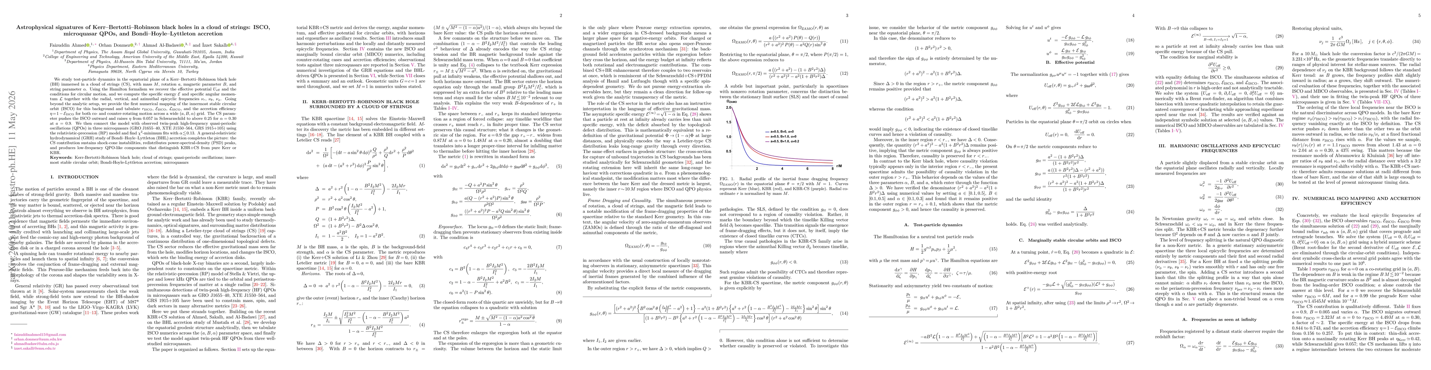 Thumbnail for Astrophysical signatures of Kerr-Bertotti-Robinson black holes in a cloud of strings: ISCO, microquasar QPOs, and Bondi-Hoyle-Lyttleton accretion